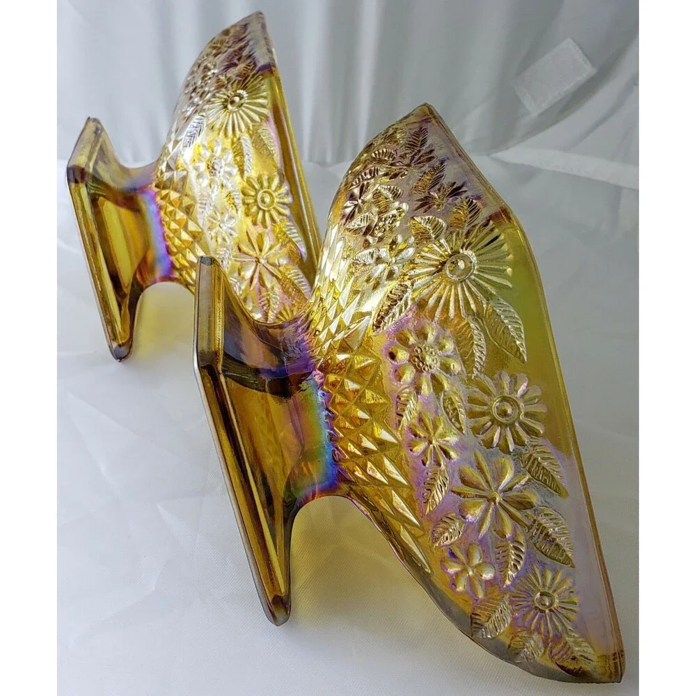 Vintage ~ Iridescent Amber Indiana Carnival Glass ~ Diamond Shaped Pedestal Dish